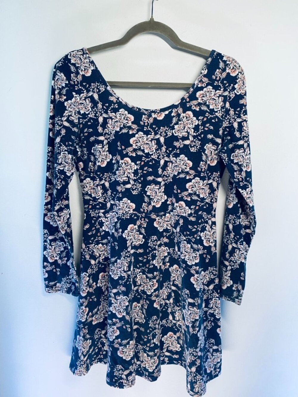 Floral Long-Sleeve Fit & Flare Skater Dress By Charlotte Russe - Navy & Pink